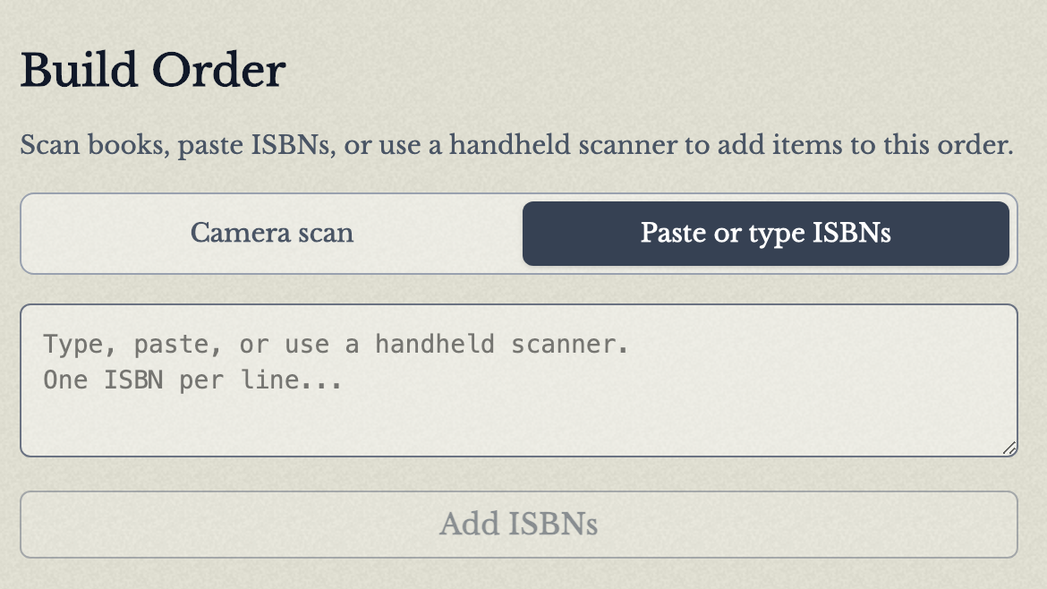 order builder with pasted ISBNs and scanner input