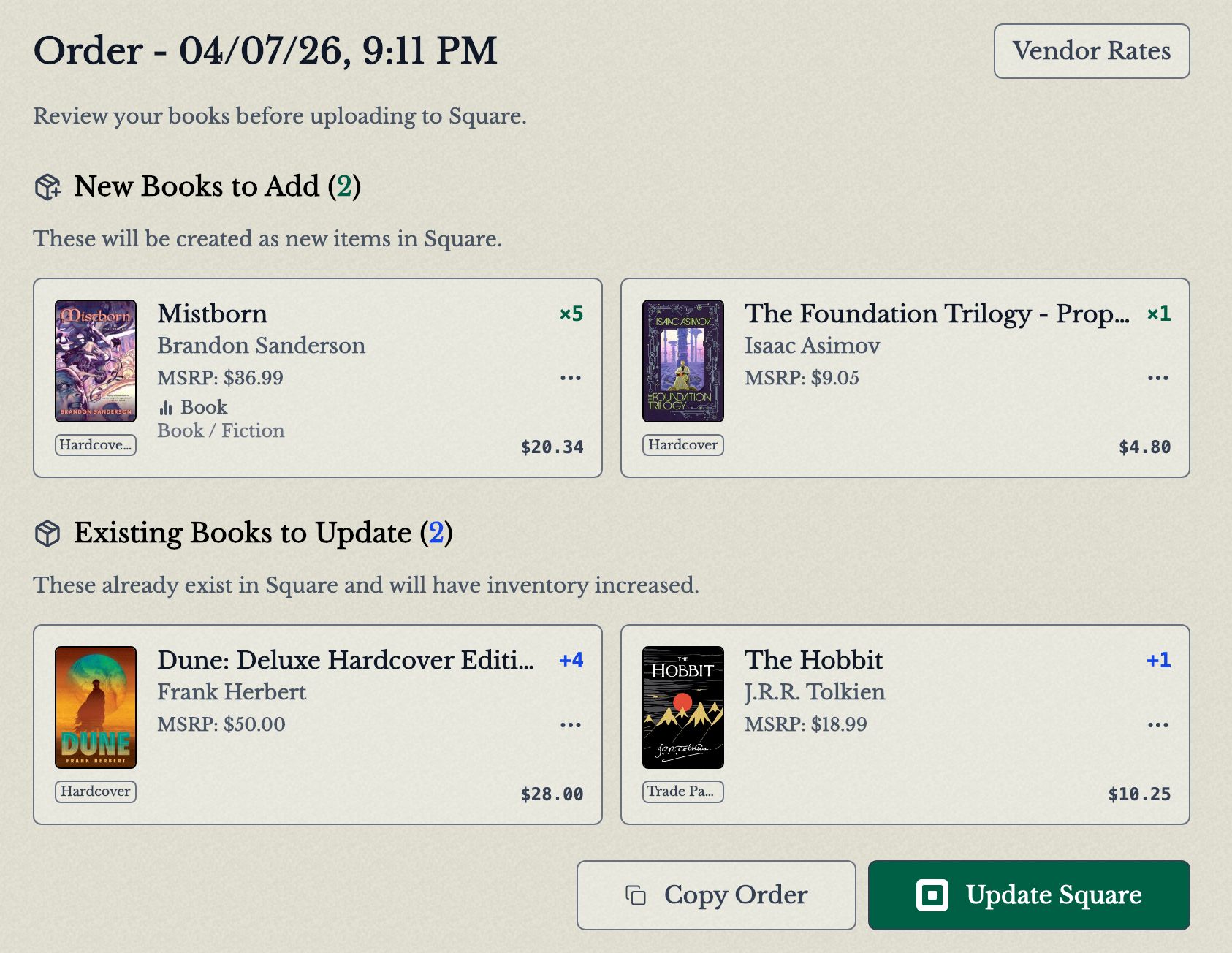 new books and replenishment review screenshot